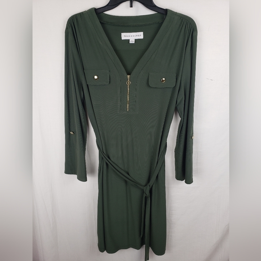 Emma & Michele Green Quarter Zip Dress with Belt Sz L
